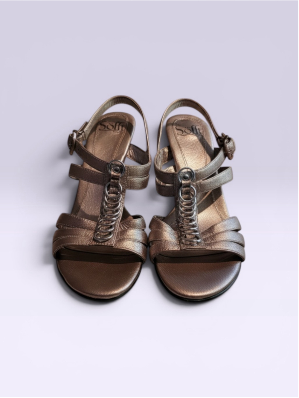 Soft Style by Softt Metallic Pewter T-Strap Comfort Heels | Size 6.5